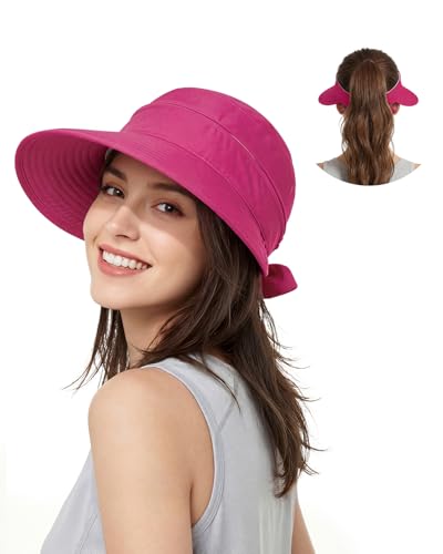 Century Star Sun Hat for Women Wide Brim Zip-Off Beach Hat Visor Ponytail UV Protection Summer Visors - color: Rose Red