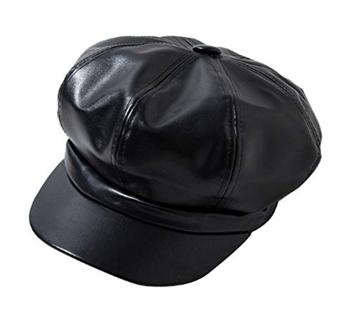 Women PU Leather Newsboy Cabbie Peaked Beret Cap Vintage Baker Boy Visor Hat
