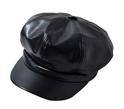 Women PU Leather Newsboy Cabbie Peaked Beret Cap Vintage Baker Boy Visor Hat