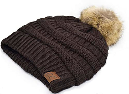 C.C Trendy Fuzzy Fleece Lined Warm Comfortable Soft Stretch Cable Knit Ribbed Faux Fur Pom Pom Beanie Hat - color: Brown