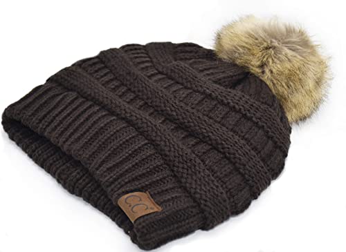 C.C Trendy Fuzzy Fleece Lined Warm Comfortable Soft Stretch Cable Knit Ribbed Faux Fur Pom Pom Beanie Hat - color: Brown