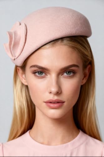 HIMESPORT Wool Felt Fascinator Hats for Women Ladies Female Wedding Cocktail Tea Party Dress Pillbox Hat - color: Pink 1