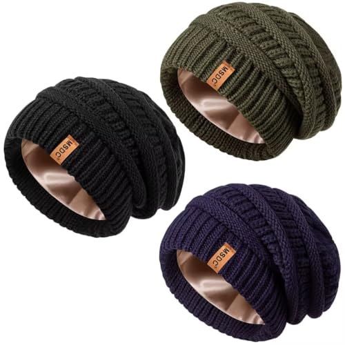 3 Pack Satin Lined Beanie for Women, Warm Slouchy Winter Hats with Silk Lined, Fashionable Oversized Cable Knit Hat Skull Cap - color: Black, Army, Navy