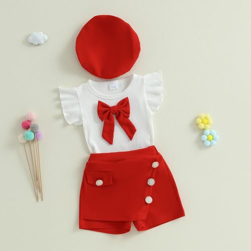 Baby Girls Fly Sleeve 3D Bow Rib Knit Shirt + Irregular Skorts + Beret Hat - color: Red, size: 2-3T