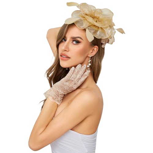 GurZinn Fascinator Hat Veil Feather Fascinator Tea Party Bridal Wedding Veil Pillbox Hat - color: E-gold Hat&glove