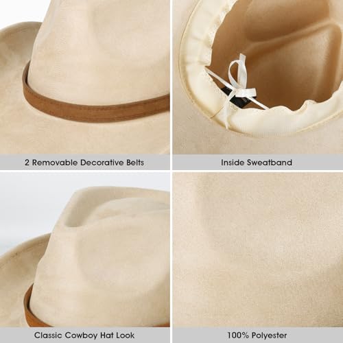2 Pack Western Cowboy Hats for Women Men 2 Different hat Bands - color: Black+beige