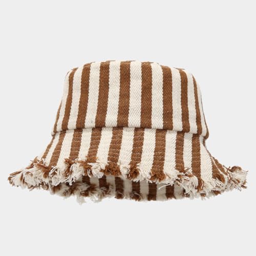Quanhaigou Frayed Unisex Sun Hats, Fashion Beach Bucket Hat for Men Women,Summer Outdoor Boy's Girls Boonie Cap - color: Stripe Beige Brown