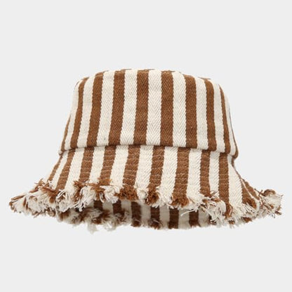 Quanhaigou Frayed Unisex Sun Hats, Fashion Beach Bucket Hat for Men Women,Summer Outdoor Boy's Girls Boonie Cap - color: Stripe Beige Brown
