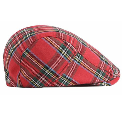 Mens Plaid Newsboy Flat Cap Ivy Gatsby Driving Hunting Cabbie Hat - color: Red-plaid B