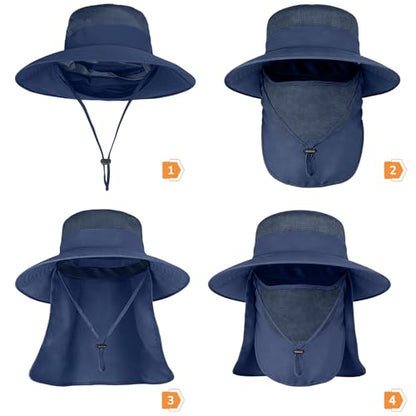 ZOORON Sun Hats for Men Women with Neck Flap Fishing UPF 50+ UV Protection - color: Navy Blue (With Face Cover)