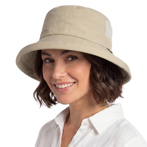 TOP-EX UVCoolix™ Women's Cooling Bucket Sun Hat with Ponytail Hole Wide Brim UPF 50 Packable Summer Travel Outdoor - color: Khaki, size: Medium
