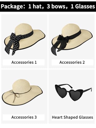 Sun Beach Straw Hats for Women, Summer Wide Brim Hat - color: Beige Black, size: X-Large