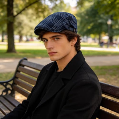 Men's Plaid Striped Newsboy Ivy Flat Driving Golf Cap - color: Blackbeige