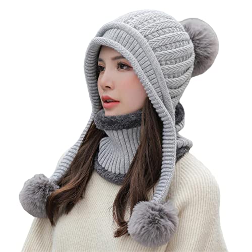 HUAMULAN Women Winter Knit Beanie Hat Circle Scarf Set Pompoms Ear Flaps - color: Gray Solid