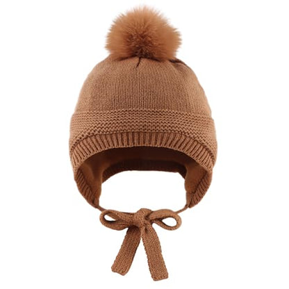 JANGANNSA Basic Winter Baby Boy Beanie Pompom Knit Girl Hat Kid Earflap Cap - color: Walnut Hat, size: 0-6 Months