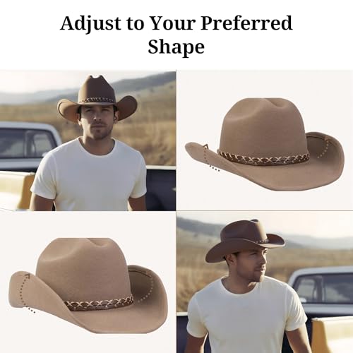 Cowboy Hat 100% Wool Water-Resistant Cowgirl Hat Western Hats for Women Men Felt Outback Panama Rancher Hat - color: Desert Star, size: 7 1/8
