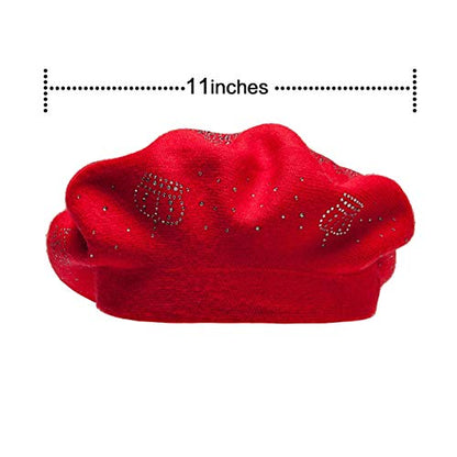 LADYBRO Rhinestone Beret Hats for Women 2 Layers Wool Knit Cap Lady Winter - color: Red-top Rhinestones
