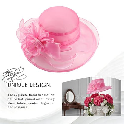 DRESHOW Women Organza Hat Church Cap Hats Clearance Kentucky Derby Cocktail Tea Party Wedding Flower Hat with Wide Brim - color: Flower Hat: Pink