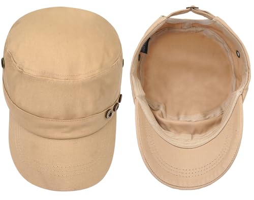 Initlove Cadet Army Cap Military Unisex Flat Top Hat for Men Women - color: 3 Button Beige