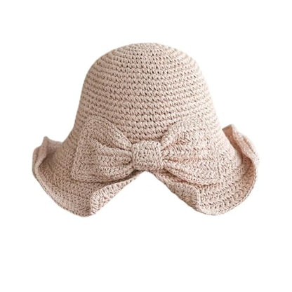 Foldable Wide Brim Floppy Straw Beach Sun Hat,Summer Bucket Cap with Bowknot for Women Girls - color: Light Pink