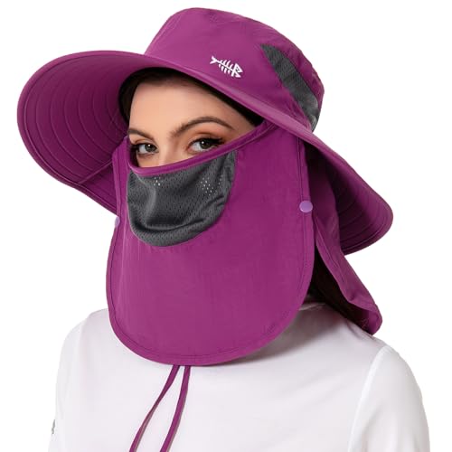 BASSDASH UPF 50+ Breathable Sun Hat with Removable Face Cover and Neck Flap Wide Brim Bucket Hat for Fishing Hiking Men Women - color: Purple Orchid
