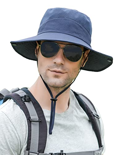 Mens Sun Hat Wide Brim Breathable Mesh UPF 50+ Waterproof Fishing Hat Safari Hat Foldable Boonie Cap - color: Navy Blue
