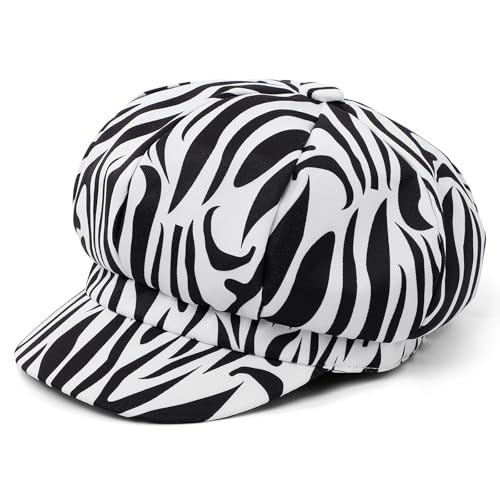 Newsboy Cabbie Baker boy hat Beret Cap for Women Pageboy Visor Paperboy Hat Sailor Fiddler Hat Adjustable - color: White Zebra