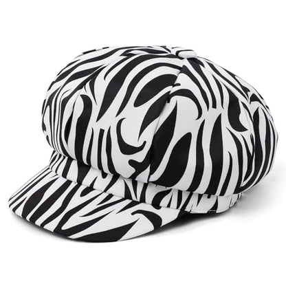 Newsboy Cabbie Baker boy hat Beret Cap for Women Pageboy Visor Paperboy Hat Sailor Fiddler Hat Adjustable - color: White Zebra