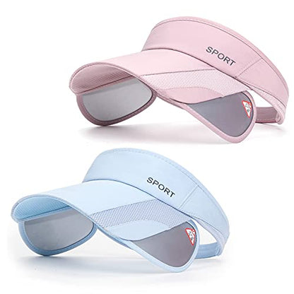 2 Pack Sun Golf Visor Hats for Women, Adjustable Retractable Brim Golf Cap Beach Hats for Women - color: Blue/Pink