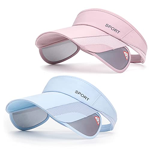 2 Pack Sun Golf Visor Hats for Women, Adjustable Retractable Brim Golf Cap Beach Hats for Women - color: Blue/Pink
