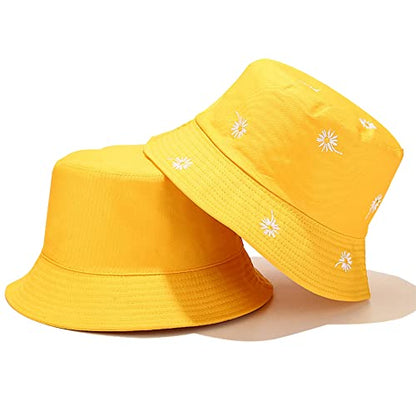 Womens Embroidered Daisy Bucket Hat Reversible Packable Beach Sun Hat - color: Daisy Yellow/Plain Yellow