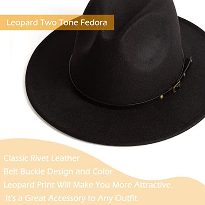 Women Two Tone Wide Brim Fedora Felt Panama Hat - color: A Black/Leopard