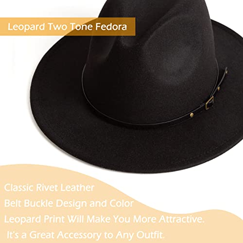 Women Two Tone Wide Brim Fedora Felt Panama Hat - color: A Black/Leopard