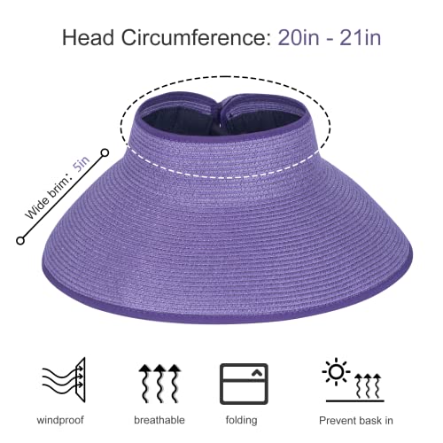 Women Sun Visors Foldable Straw Hats Summer Beach Packable Hat Floppy Wide Brim Cap Deep Style, Adjustable Size - color: Purple Khaki