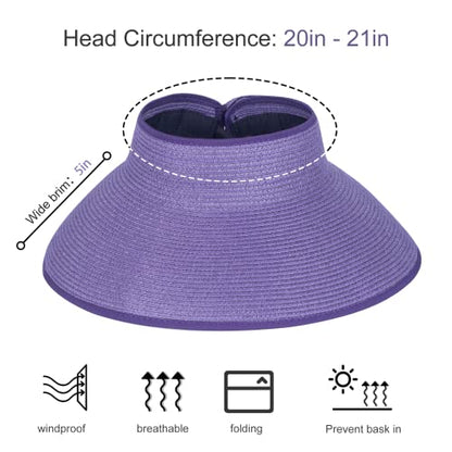 Women Sun Visors Foldable Straw Hats Summer Beach Packable Hat Floppy Wide Brim Cap Deep Style, Adjustable Size - color: Purple Khaki