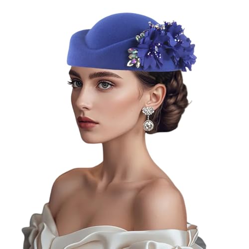 Women Vintage Church Hat Applique Felt Pillbox Hat Fascinator Tea Party Cap - color: Z1-blue