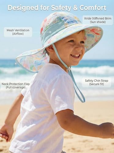 icolor Kids Sun Hat UPF50+ Sun Protection Bucket Hat Toddler Summer Beach Play Hats with Neck Flap for Girl Boy Ages 3~10 - color: Marine Animals