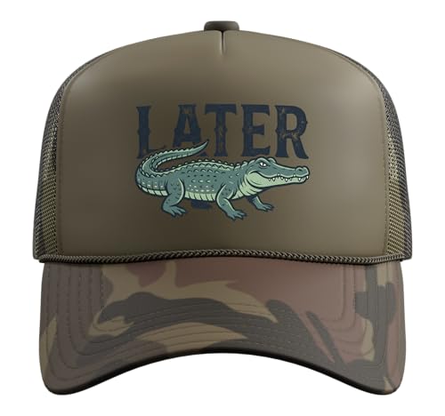 Later Alligator Trucker Hat with Adjustable Mesh Back - color: Camo Green