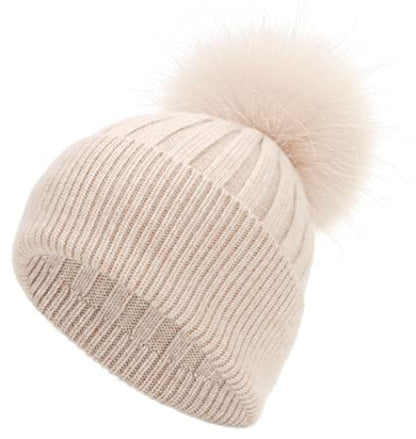Women's Winter Ribbed Cuffed Beanie Skull Cap with Genuine Raccoon Fur Pom - color: Pink Beige
