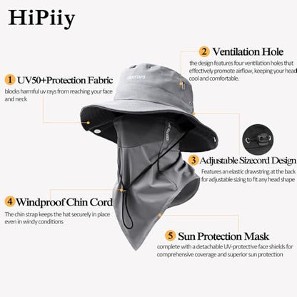 Wide-Brimmed Sun Hat,Fishing Hat,for Beach Fishing, Hiking,Camping,with Cooling Silk Mask to Block Mosquitoes(Hat + Mask) - color: Gray