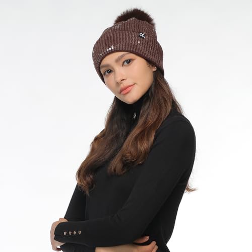 C.C Sequin Pom Beanie for Women - Acrylic Stretchable Soft Warm Knit Winter Skully Hat with Yarn Pom - color: Clear Sequin-chocolate