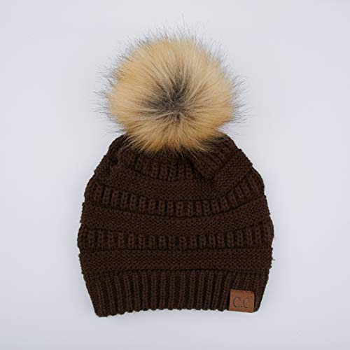 C.C Fur Pom Winter Fall Trendy Chunky Stretchy Cable Knit Beanie Hat - color: Solid Brown