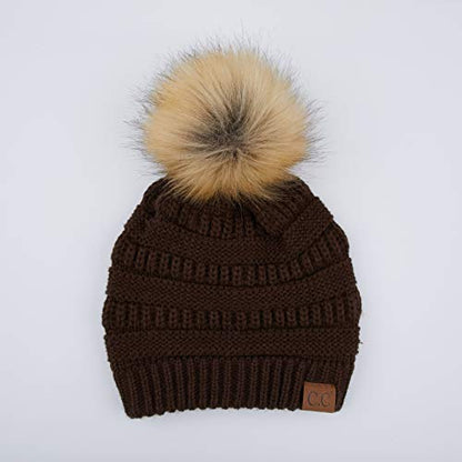 C.C Fur Pom Winter Fall Trendy Chunky Stretchy Cable Knit Beanie Hat - color: Solid Brown