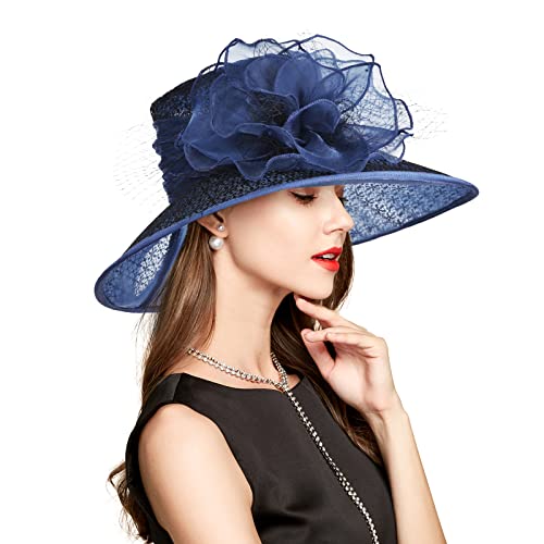 2026 Derby Hats for Women Ladies, Classy Organza Sun Hat, Church Tea Party Wedding Kentucky Fascinator Hat - color: B4215-dark Blue