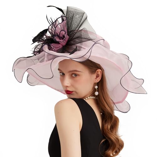 Women Organza Church Derby Hat Wide Brim Sun Caps for Wedding Tea Party Hat with Detachable hat Flower as Headgear - color: 11-pink