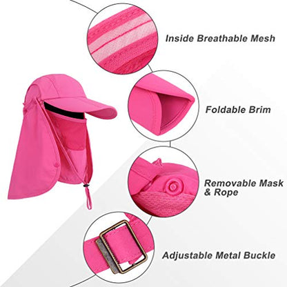 CRISTGEE Foldable Sun Cap, Fishing Hats, UPF 50+ Protection Caps with Face Mask Neck Flap - color: Rose
