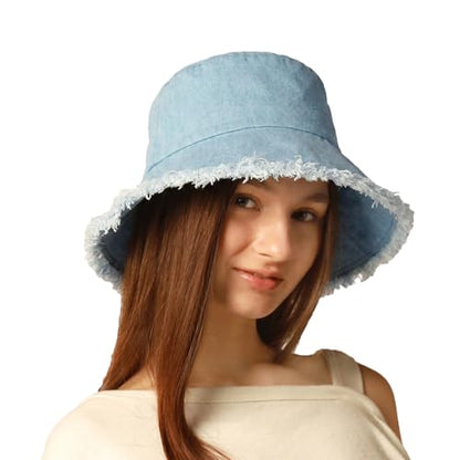 CHOK.LIDS Frayed Bucket Hat Washed Cotton Floppy Wide Brim Boonie Cap - color: Undercool Denim