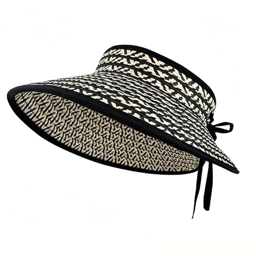 Womens Foldable Straw Sun Hat Wide Brim Adjustable Roll Up Visor Hat Woven Packable Summer Beach Hat Travel Vacation Holiday - color: Black & White