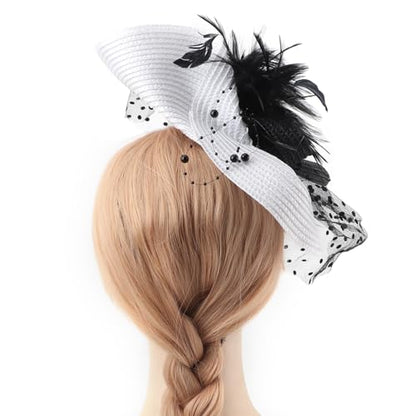 DRESHOW Fascinators Hat Flower Mesh Feathers Hat with a Headband and a Clip 7.9" Tea Party Headwear for Women - color: Folded Style 1: Black & White / 7.9"