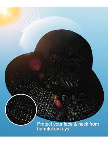 Womens Sun Hat Handmade Foldable Straw Bucket Hat Summer Crochet Travel Cap - color: Black, size: Small